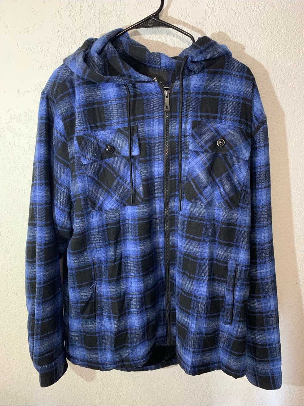 Men's Blue Plaid Hooded Zip Shirt Jacket